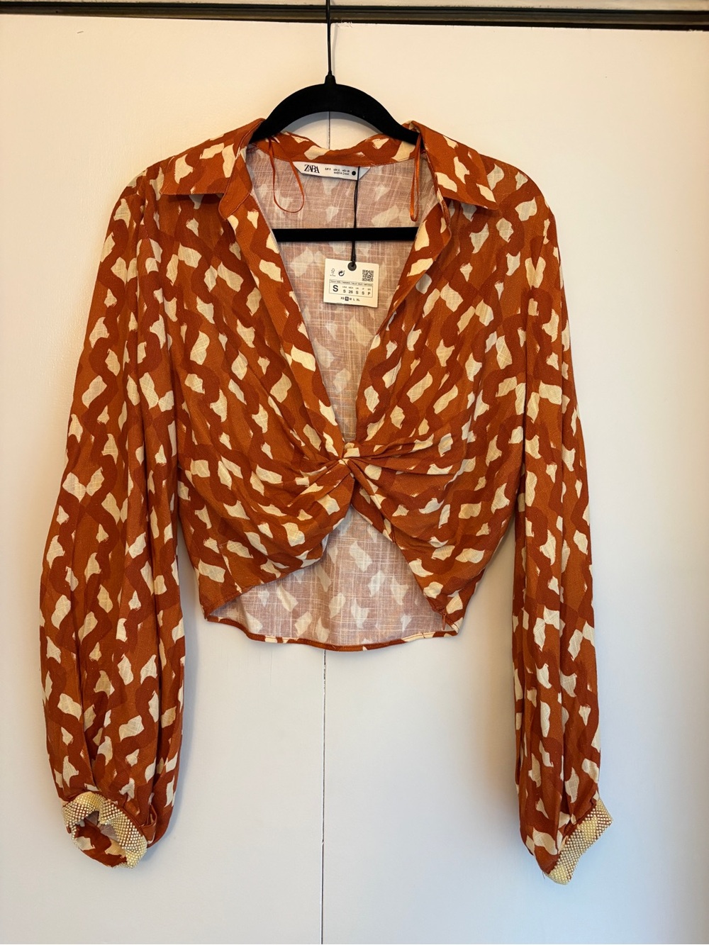 ZARA Rust and Cream Twist-Front Cropped Blouse